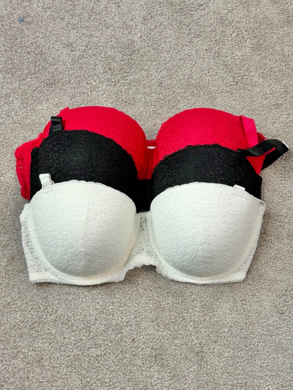 3-Pack Lace Bras in Red, Black, and White 38D